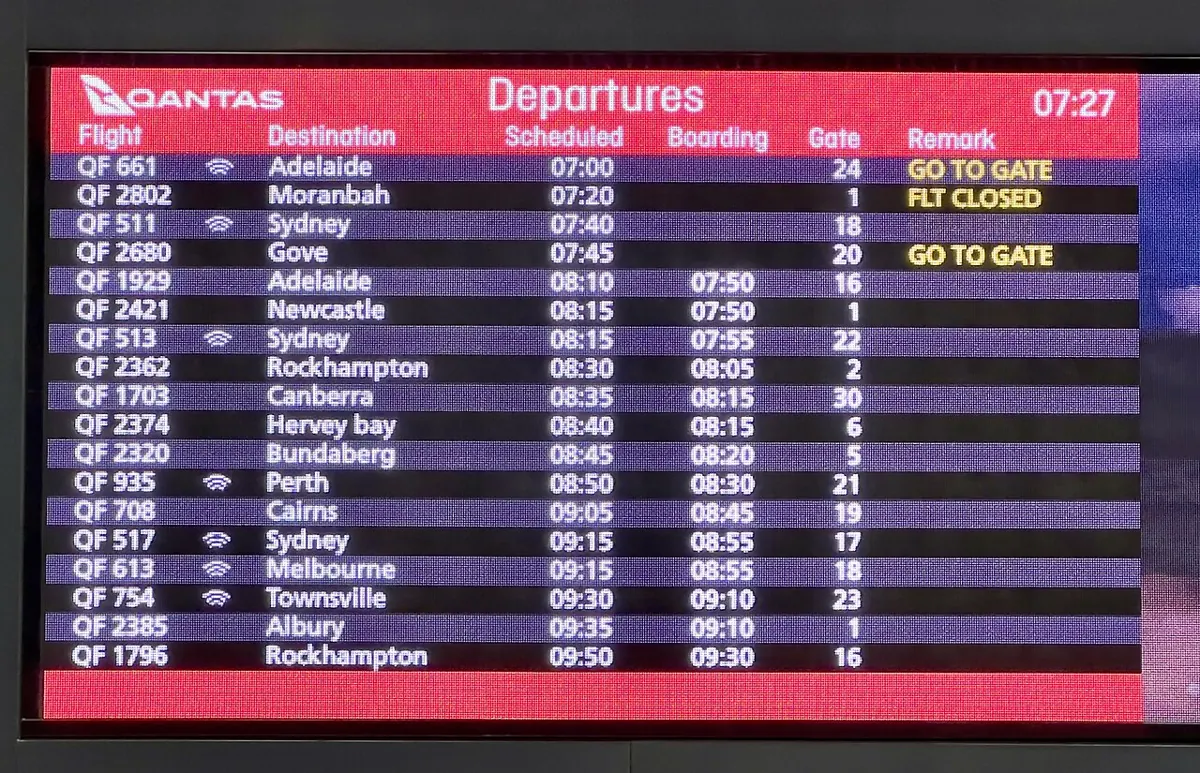 Airport flight departure board showing flights sold through GDS Airport flight departure board showing flights sold through GDS, NDC and low-cost carrier channels