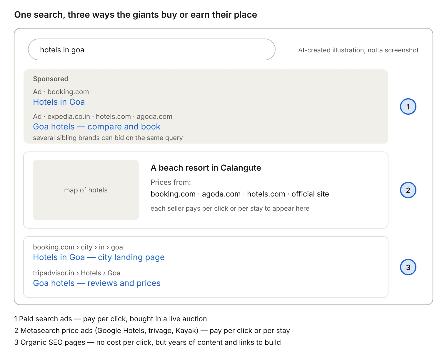 Illustration of a search results page for hotels in Goa showing paid ads, metasearch price ads and organic results