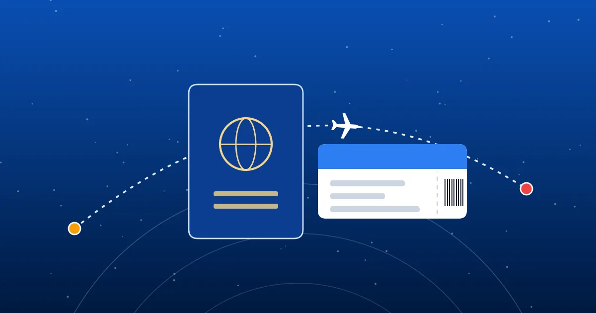 Illustration of an open passport, a boarding pass and a flight path arcing from India towards North America