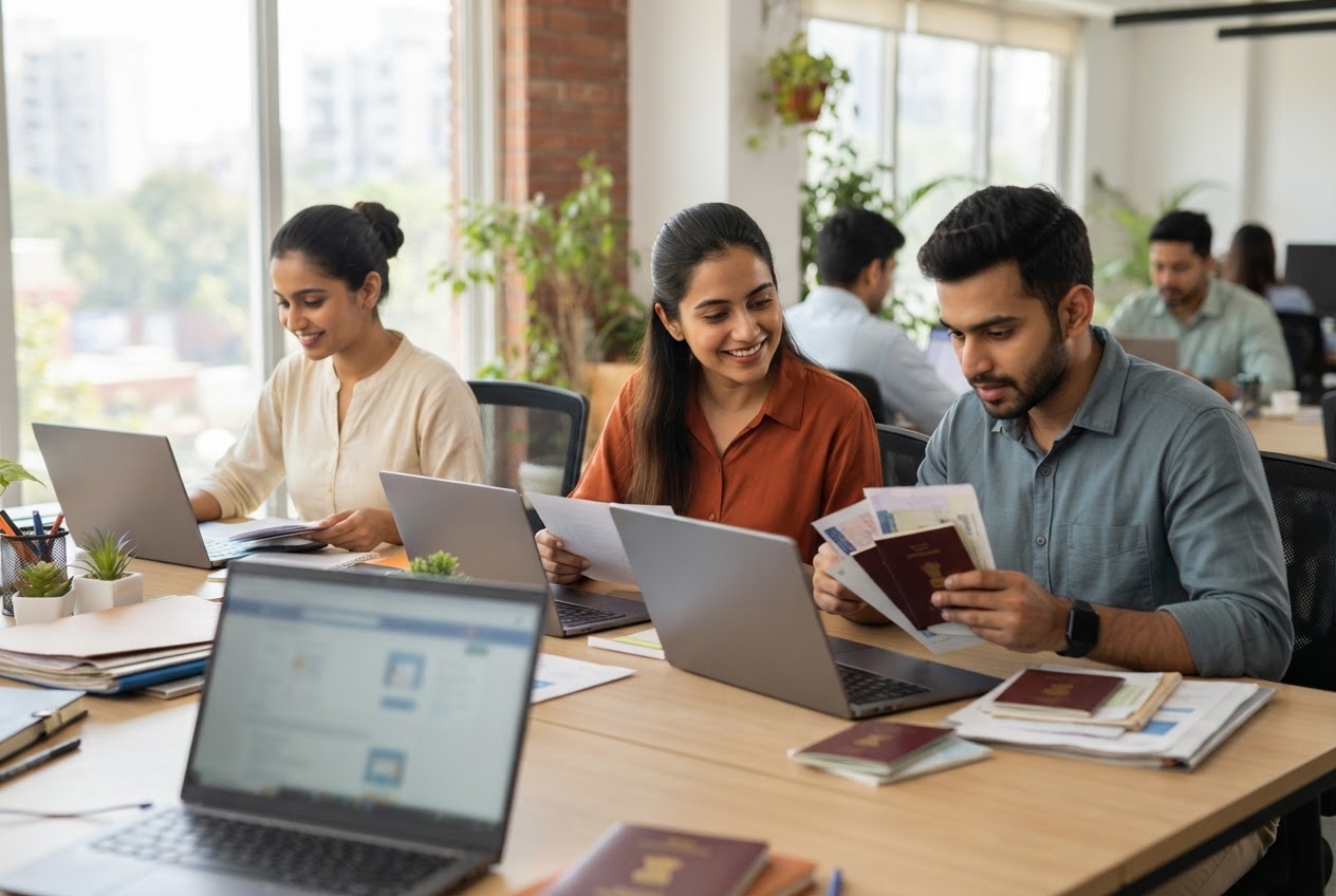 Krosz visa experts Visa experts reviewing travel documents on laptops in a Delhi office