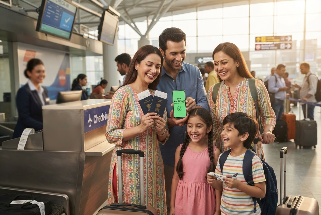 Travelling with a Krosz visa Indian family at an airport check-in with passports and a visa approved screen