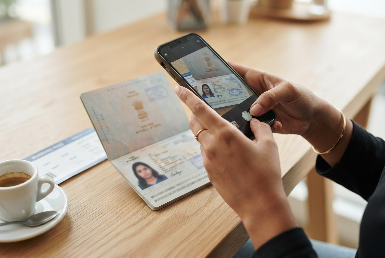 Uploading a passport on Krosz Traveller photographing a passport page with a phone to upload it